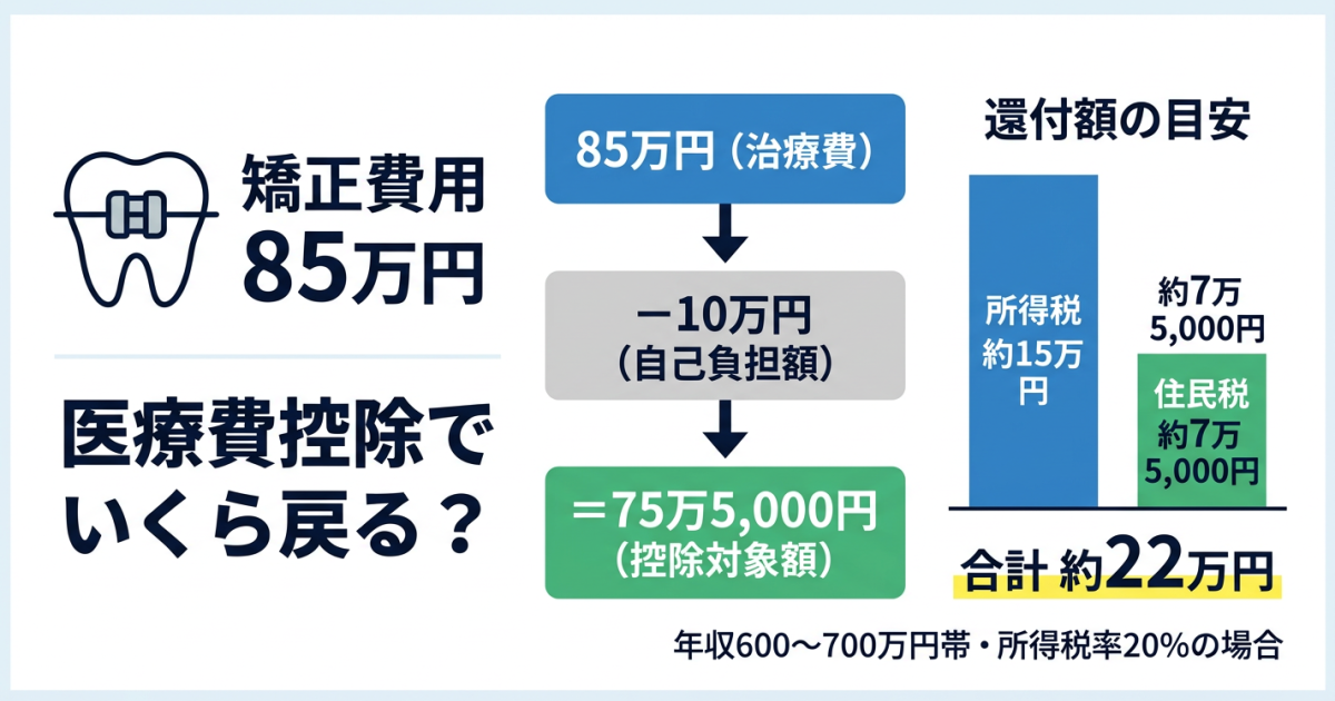 矯正費用85万円で医療費控除はいくら戻る？年収別シミュレーション