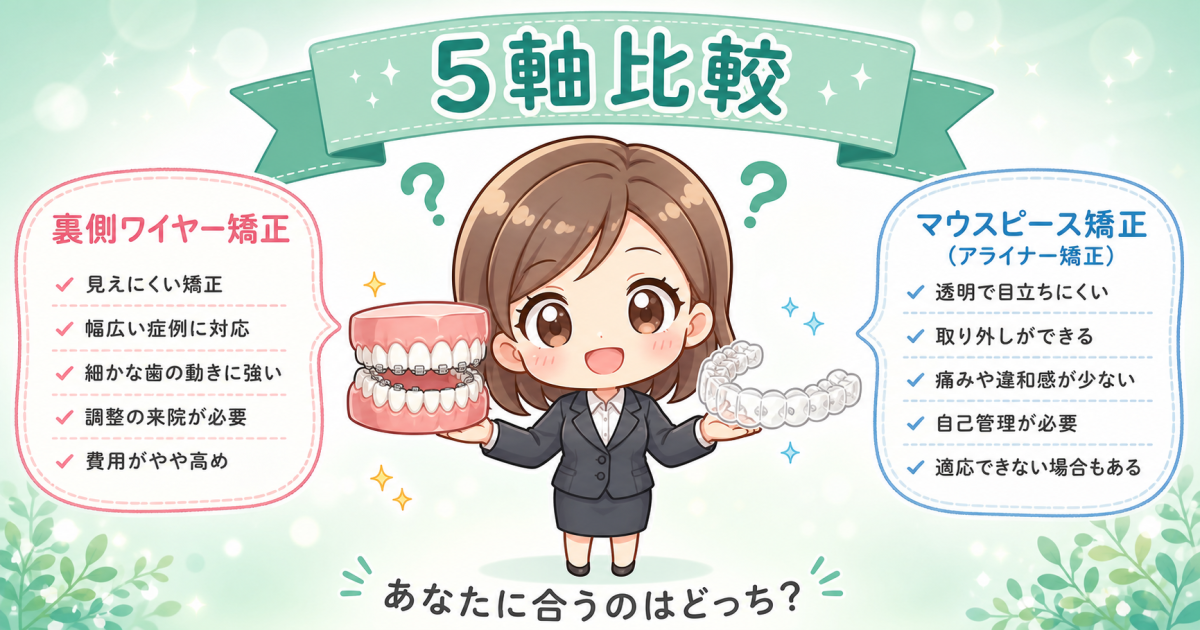 裏側ワイヤーとマウスピース矯正どっちが合う？営業女性のための5軸比較