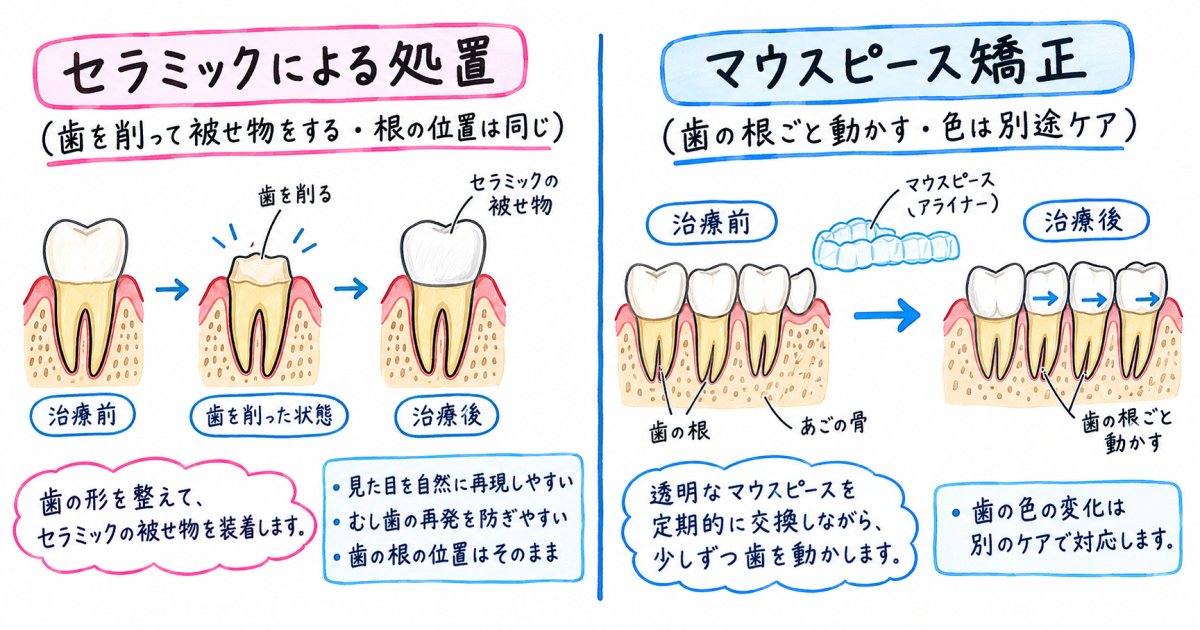 セラミック矯正とマウスピース矯正の違い:前歯を削る量と元に戻せるか